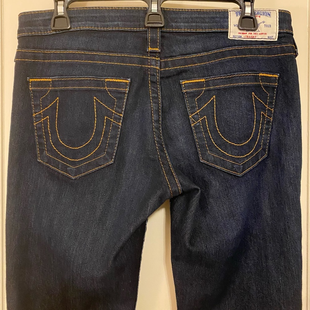 True Religion, Dark Blue, Low Rise, Straight Leg, Unhemmed Jeans